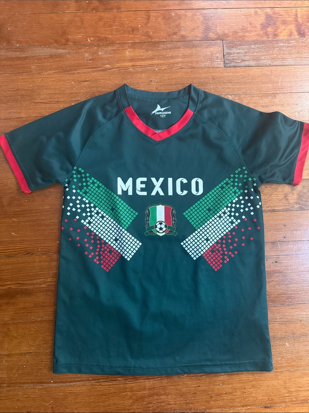 Mexico Soccer Tee for Kids - Dark Green with Red Trim